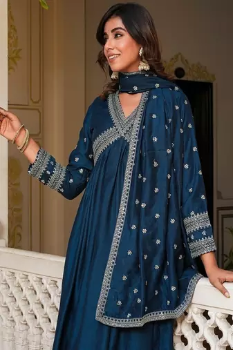 blue embroidered muslin anarkali suit with dupatta