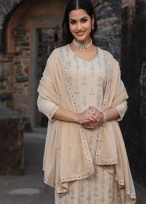 women’s beige rayon kurta pant dupatta set with gota work 3