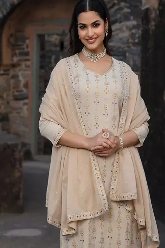 women’s beige rayon kurta pant dupatta set with gota work