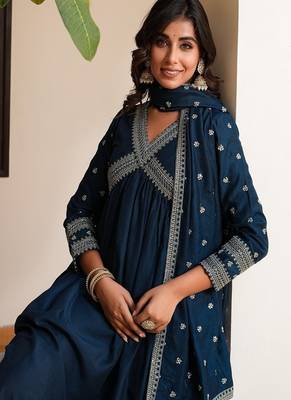 blue embroidered muslin anarkali suit with dupatta 5