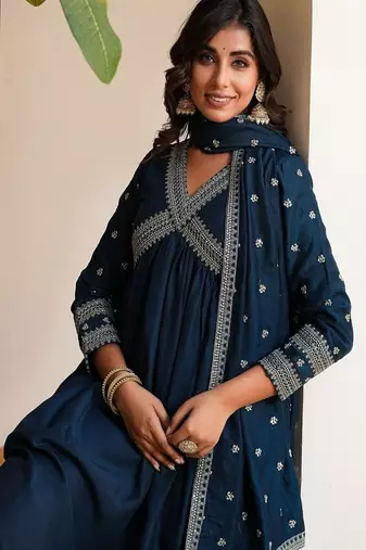 blue embroidered muslin anarkali suit with dupatta