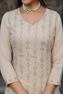 women’s beige rayon kurta pant dupatta set with gota work 4