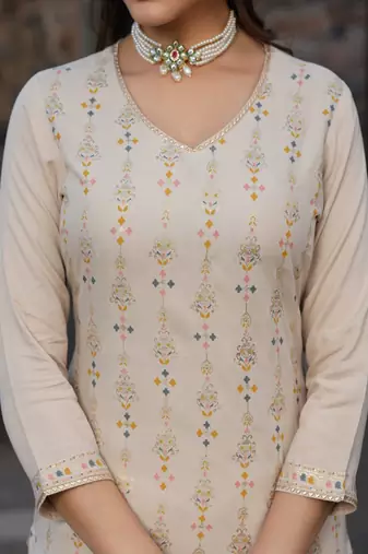 women’s beige rayon kurta pant dupatta set with gota work