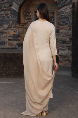 women’s beige rayon kurta pant dupatta set with gota work 5
