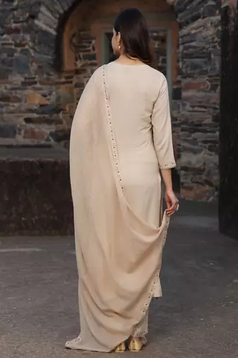 women’s beige rayon kurta pant dupatta set with gota work
