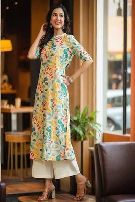 beige floral printed pure cotton a-line kurta for women 3