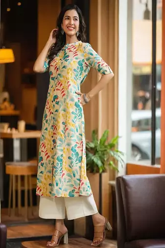 beige floral printed pure cotton a-line kurta for women