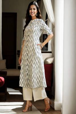 white cotton printed a-line kurta for women 3