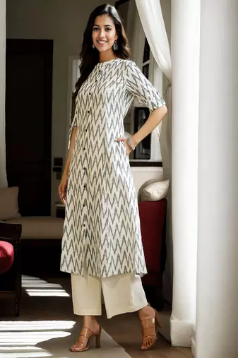 white cotton printed a-line kurta for women