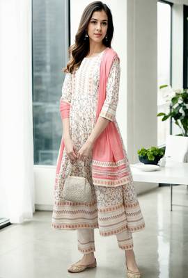 cream printed cotton anarkali suit with trousers & dupatta 1