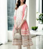 cream printed cotton anarkali suit with trousers & dupatta