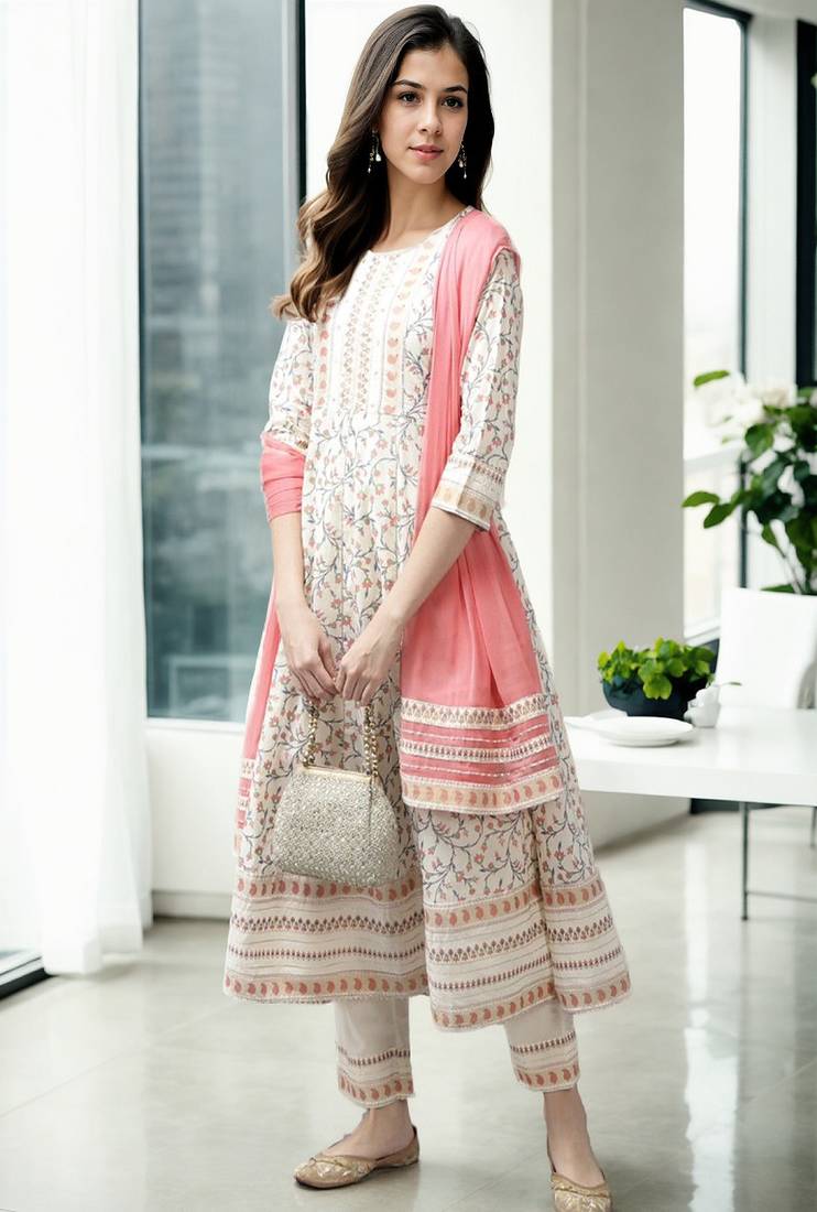 Floral printed kurta with zardozi work on neck detailing of gota lace on hem with trousers and dupaatta ( set of 3 pcs )