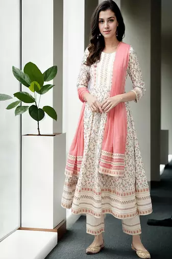 cream printed cotton anarkali suit with trousers & dupatta
