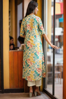 beige floral printed pure cotton a-line kurta for women 4