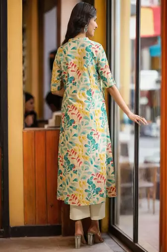 beige floral printed pure cotton a-line kurta for women