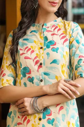 beige floral printed pure cotton a-line kurta for women