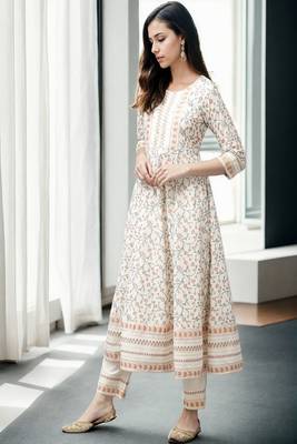 cream printed cotton anarkali suit with trousers & dupatta 3