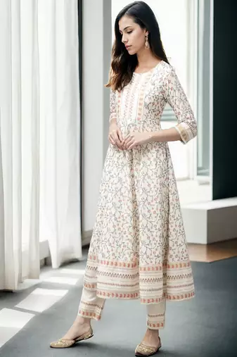 cream printed cotton anarkali suit with trousers & dupatta