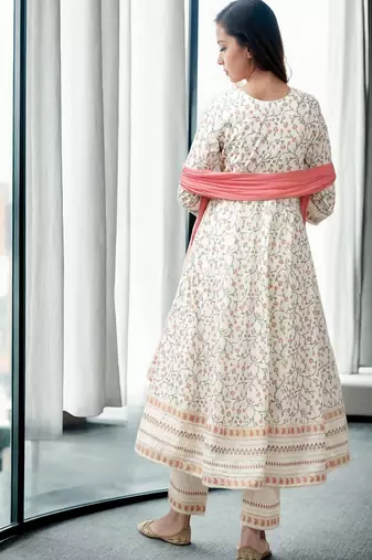 cream printed cotton anarkali suit with trousers & dupatta