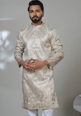 beige cotton poly kurta set with embroidered work 2