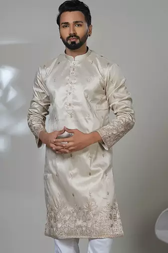 beige cotton poly kurta set with embroidered work
