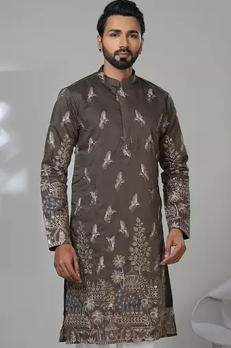 brown cotton poly kurta set with embroidery work