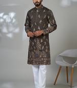 brown cotton poly kurta set with embroidery work
