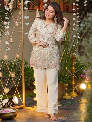 white embroidered rayon party wear kurti with palazzo pant 2