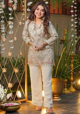 white embroidered rayon party wear kurti with palazzo pant 3