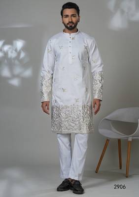 white cotton poly kurta set with front embroidery 1