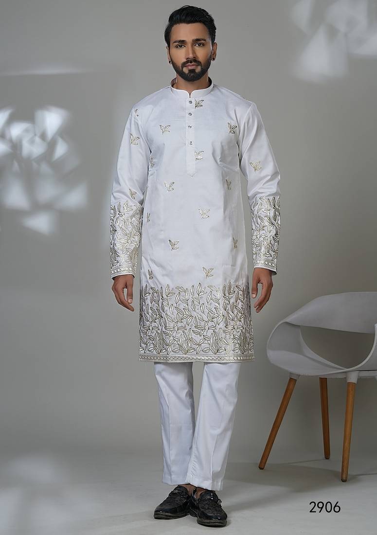 Aesthetic white embroidery kurta for men | premium designer men's kurta