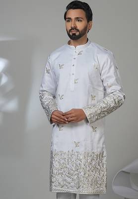 white cotton poly kurta set with front embroidery 2