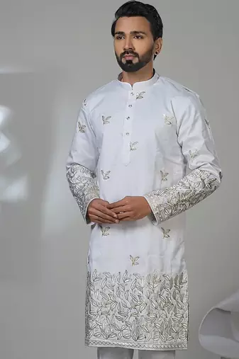 white cotton poly kurta set with front embroidery