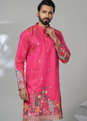pink cotton poly kurta set with floral embroidery 2