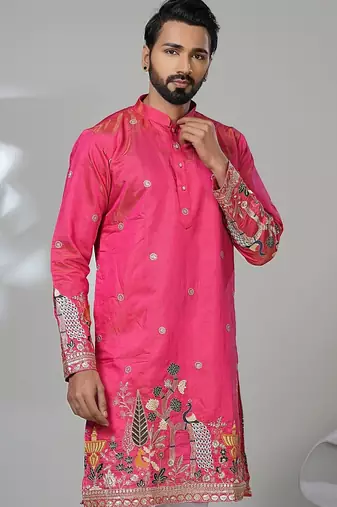 pink cotton poly kurta set with floral embroidery