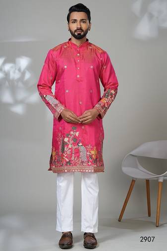 Aesthetic rani pink embroidery kurta for men | premium designer men's kurta