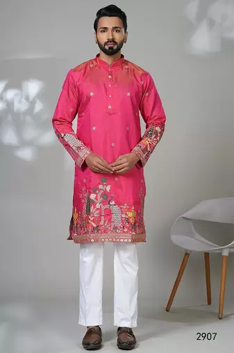 Aesthetic rani pink embroidery kurta for men | premium designer men's kurta