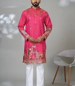 pink cotton poly kurta set with floral embroidery