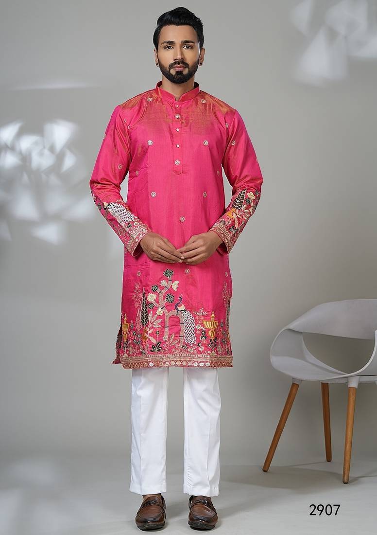 Aesthetic rani pink embroidery kurta for men | premium designer men's kurta
