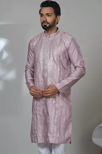 pink cotton poly kurta set with neck embroidery design
