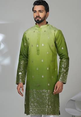 green cotton poly kurta set with embroidery work 2