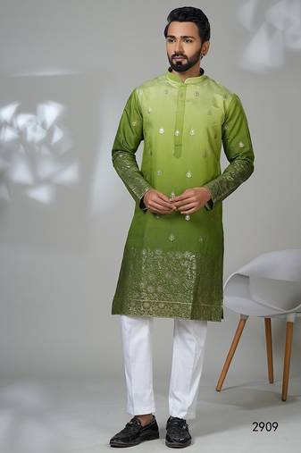 Aesthetic shaded green color embroidery kurta for men | premium designer men's kurta