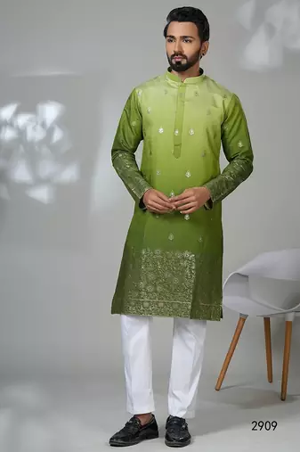 Aesthetic shaded green color embroidery kurta for men | premium designer men's kurta