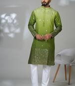 green cotton poly kurta set with embroidery work