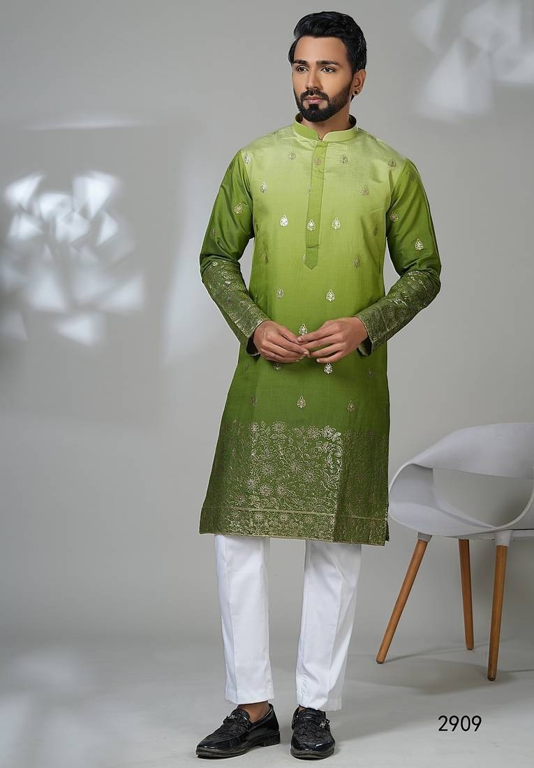 Aesthetic shaded green color embroidery kurta for men | premium designer men's kurta