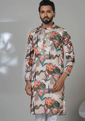beige cotton poly kurta set with floral embroidery 2
