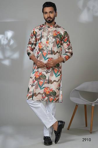Floral print multi color neck embroidery kurta for men | premium designer men's kurta
