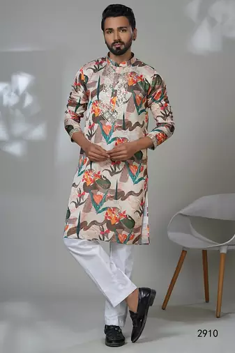 Floral print multi color neck embroidery kurta for men | premium designer men's kurta