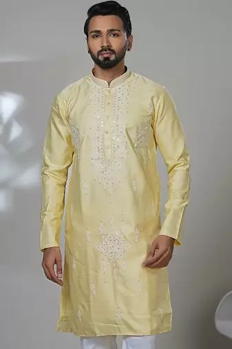 yellow cotton poly kurta set with neck embroidery
