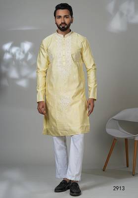 yellow cotton poly kurta set with neck embroidery 1